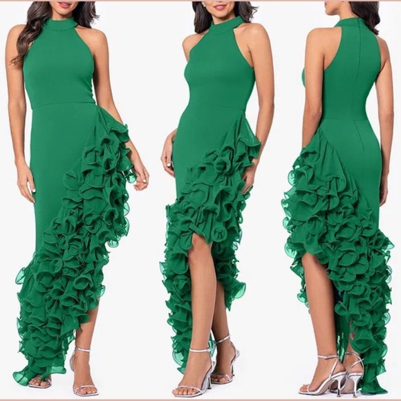 Betsy & Adam Green Halter Neck Sleeveless Asymmetrical Body Con Side Ruffle Gown - Picture 1 of 17